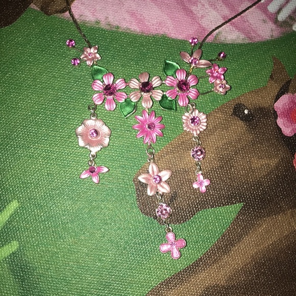 Pink Flowers Rhinestone Drop Layered Set NWOT - Picture 8 of 17